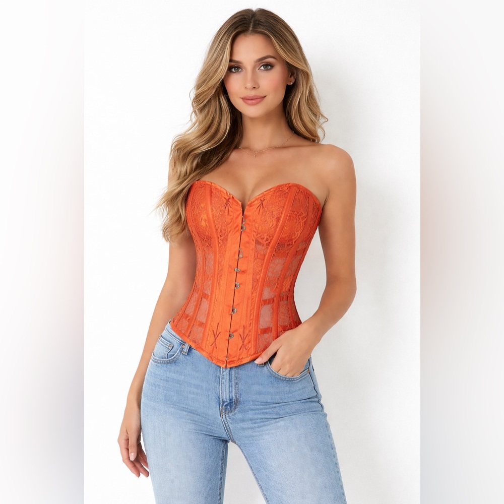 Vibrant orange corset with see through lace corset